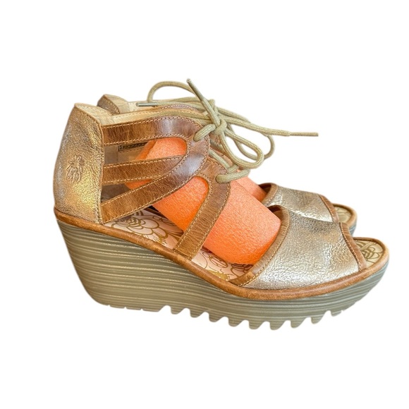 Fly London Shoes - Fly London Gold Wedge Sandals with Lace-Up Design Women’s Size 7.5/8 EU 38